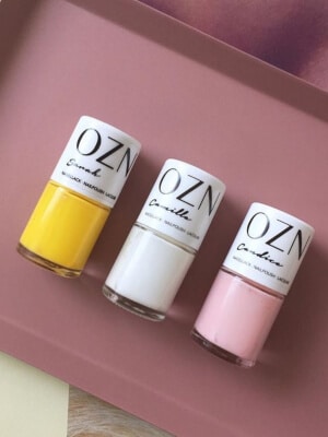 OZN - Naturkosmetik - Vegane Nagellacke in gelb, weiß und rosa