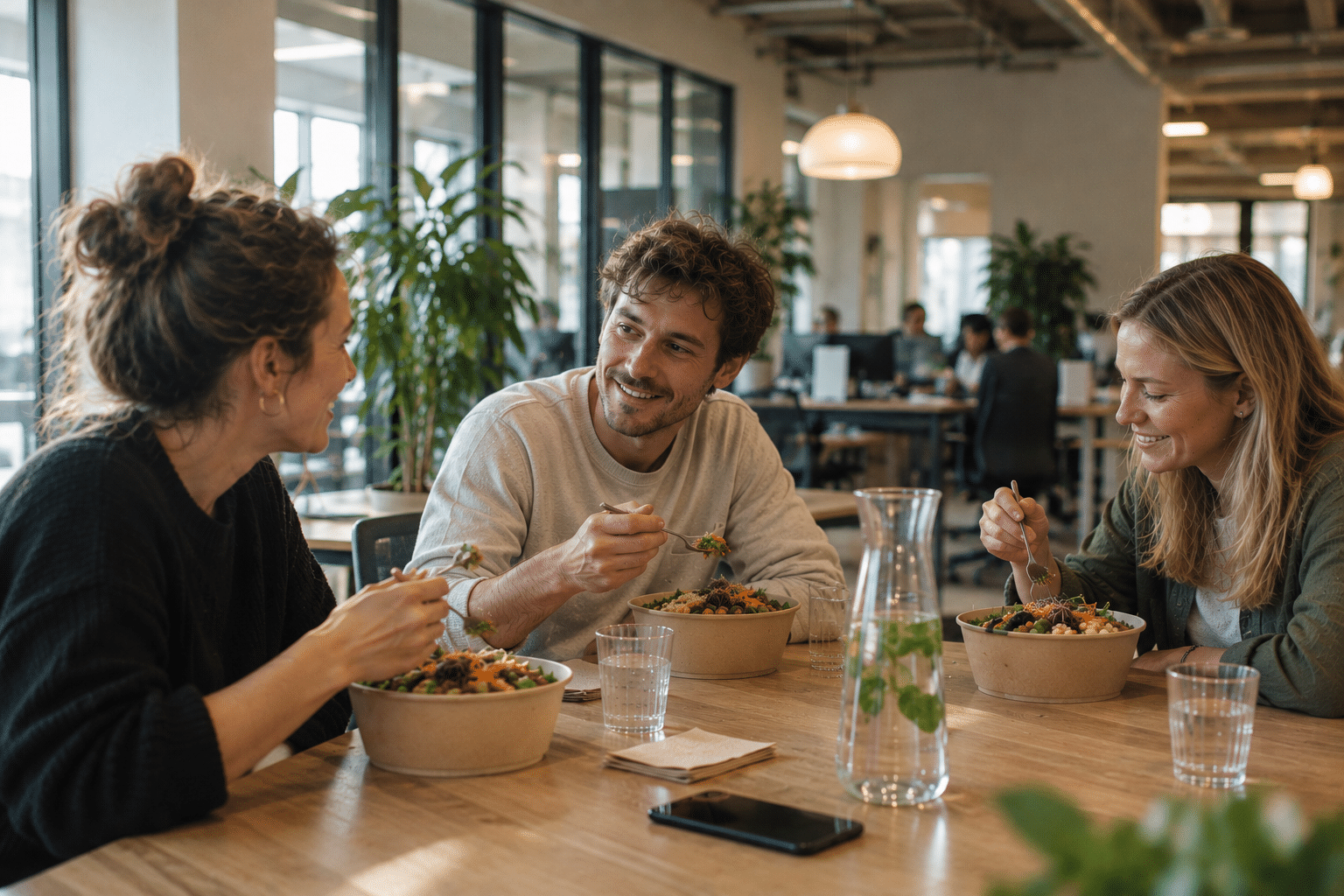 Kolleginnen und Kollegen genießen gemeinsam den Mangolds Business Lunch in ihrer Mittagspause